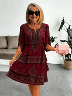Chiffon Vacation Prints Color Round Neck Cake Skirt Splicing Dress Mid-length