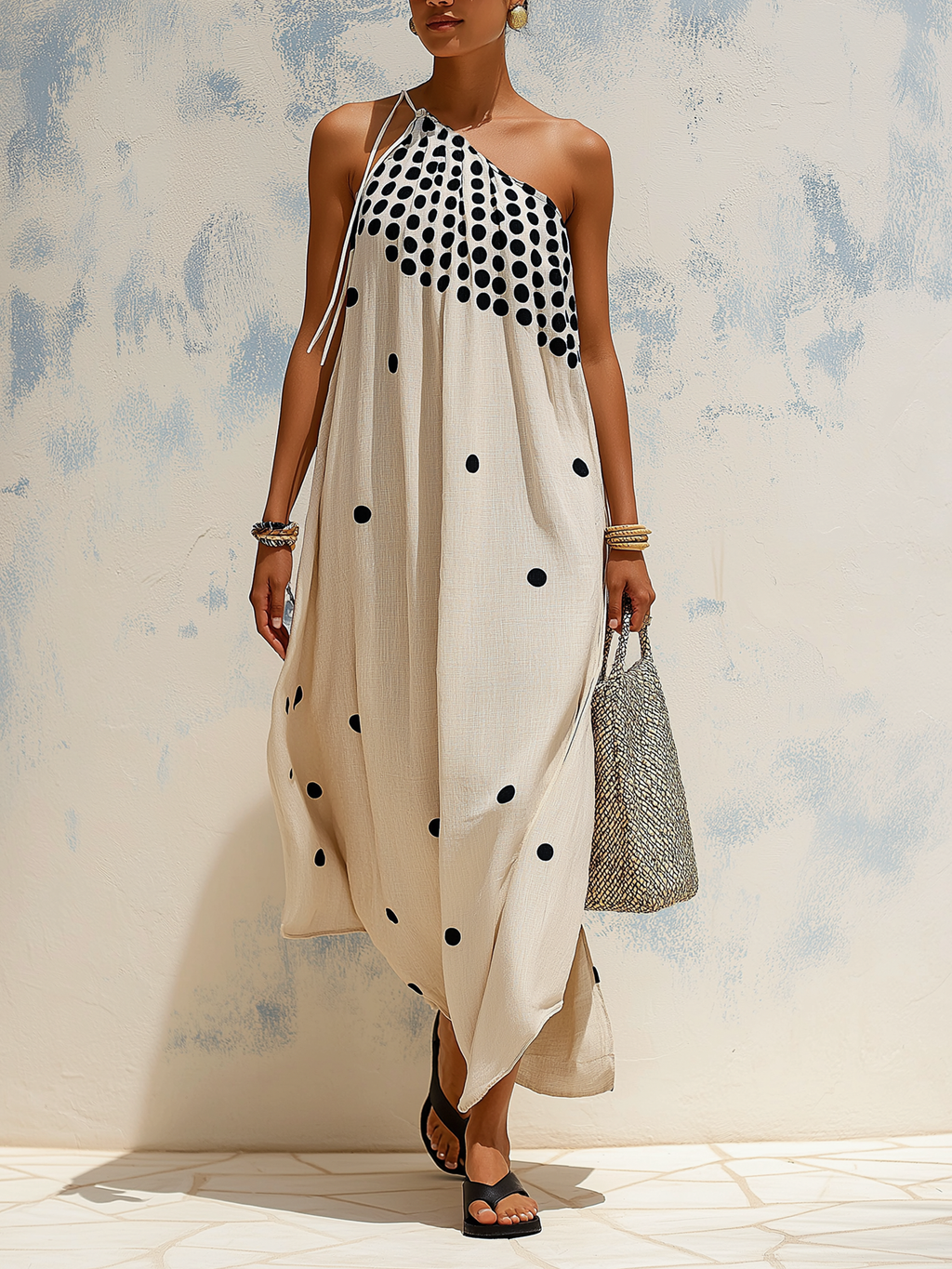 Polka Dot One-Shoulder Linen-Blend Maxi Dress
