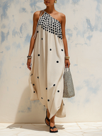 Polka Dot One-Shoulder Linen-Blend Maxi Dress