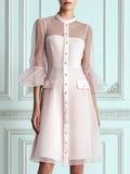 Blush Pink Sheer Flared 3/4‐Sleeve A‐Line Midi Dress