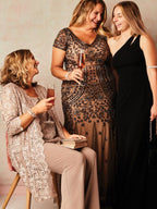 V-neck Beaded Short Sleeve Dress with Godets Mother of the Bride Dress