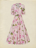 Midi Linen Dress , Long Sleeves, V Neck, Floral, Belt Design, Vacation, Vintage, Light Pink
