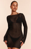 Black Crochet Long Sleeve Mini Beach Dress