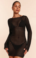 Black Crochet Long Sleeve Mini Beach Dress