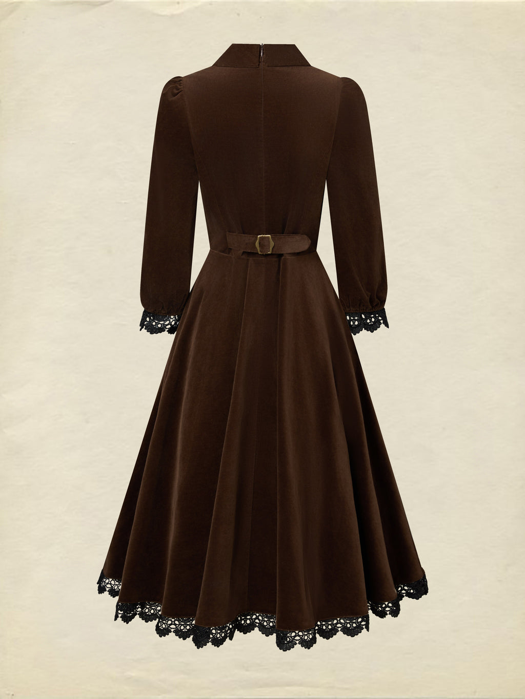 Midi Cotton Dress, Half Sleeve, Lapel Collar, Plain, Lace, Vintage, Coffee