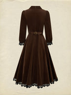Midi Cotton Dress, Half Sleeve, Lapel Collar, Plain, Lace, Vintage, Coffee