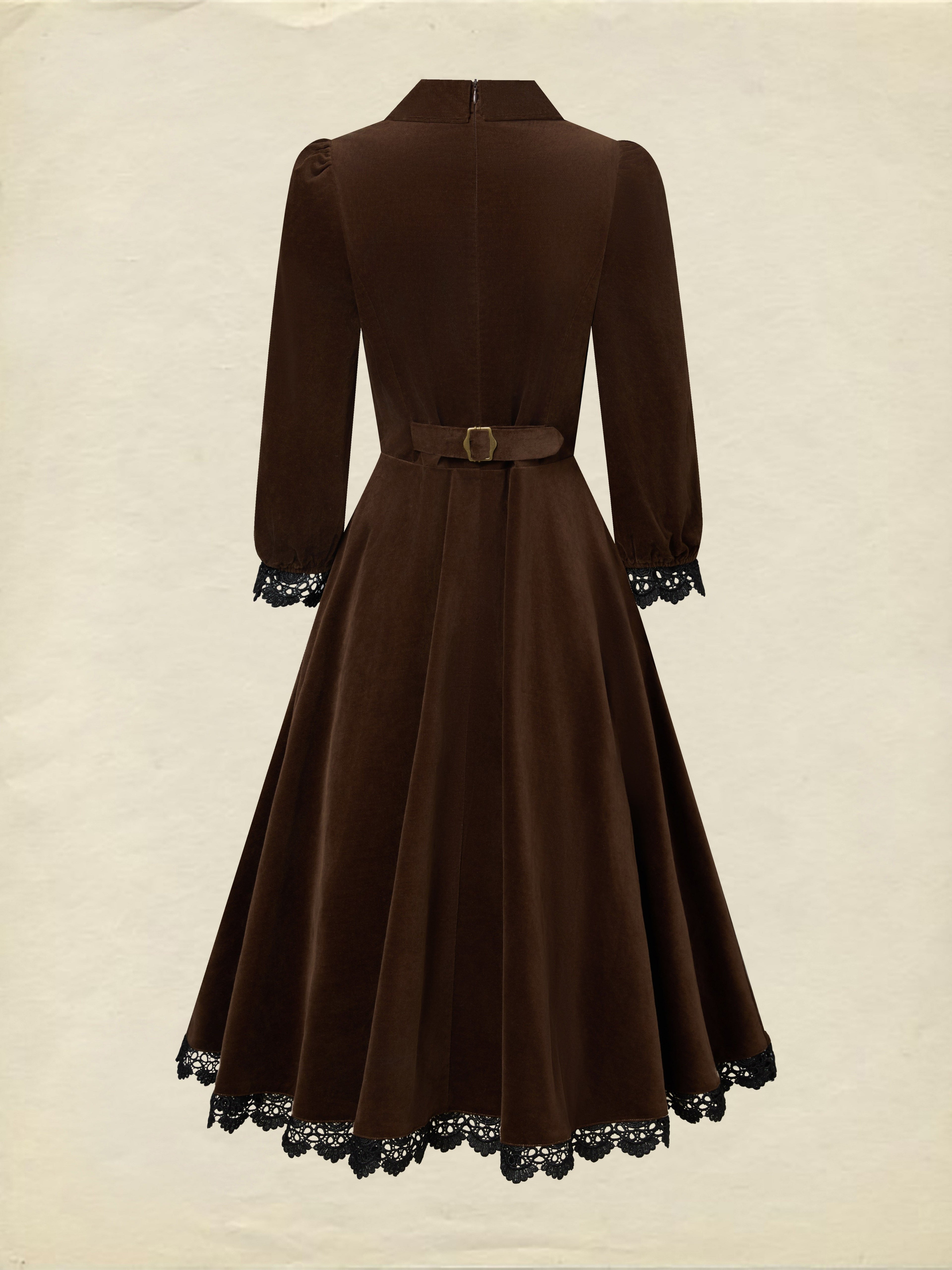 Midi Cotton Dress, Half Sleeve, Lapel Collar, Plain, Lace, Vintage, Coffee