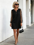 Black Polka Dot Mesh Sleeve Shift Dress, Notch V Neck Long Sleeve Loose Slimming Little Black Dress for Mature Women