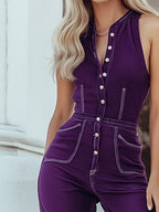 [24-hour shipping out]Mysterious Vintage Purple Denim Sleeveless Wide Leg Jumpsuit