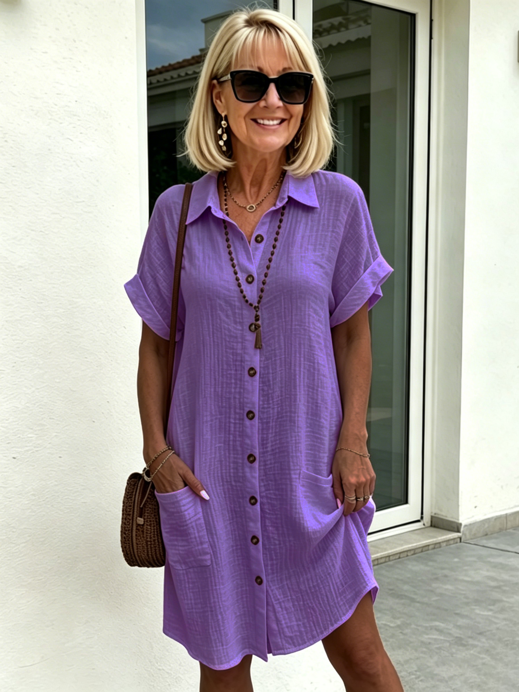 Solid Color Shirt Dress Simple, Made of Breathable, Featuring a Lapel Collar and Orderly Button Arrangement That Adds a Vintage Charm