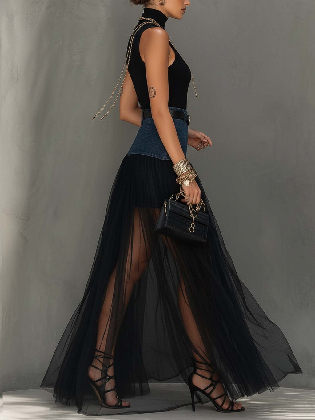 Black Denim Patchwork T-Shirt And Mesh Maxi Skirt Set With Side Slit