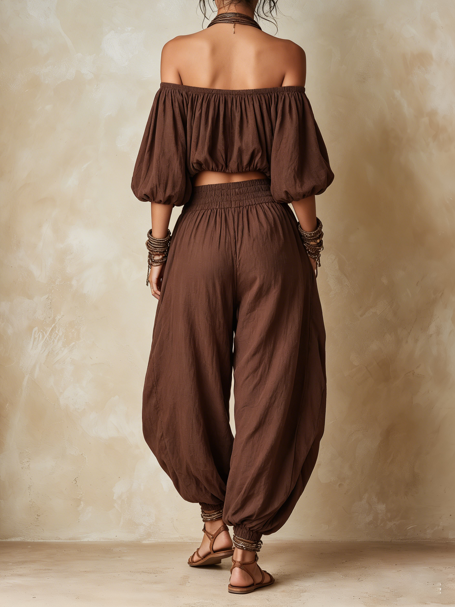 Bohemian Off-Shoulder Crop Top & Harem Pants Two-Piece Set