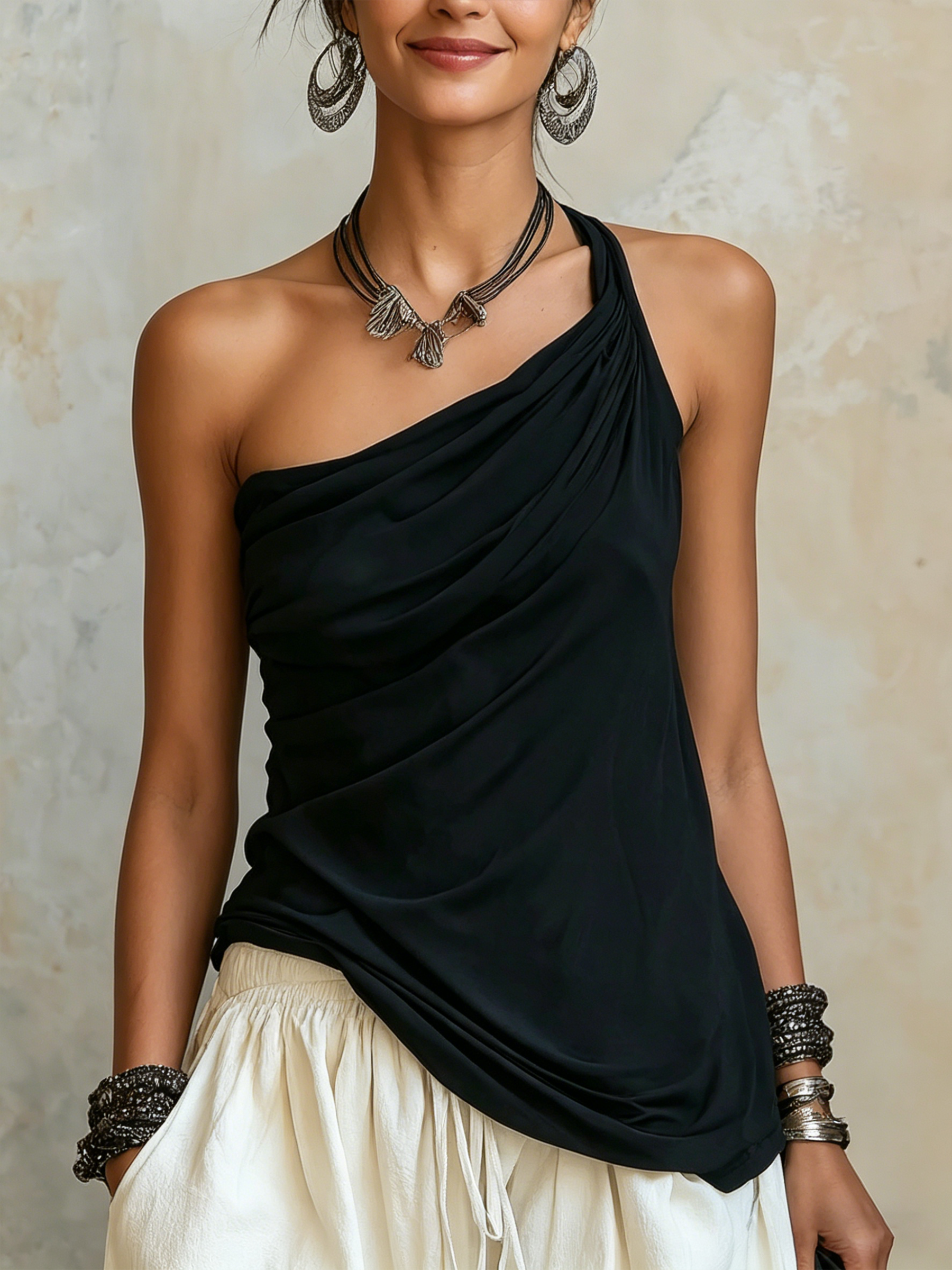 Asymmetrical Ruched One-Shoulder Top & Harem Pants Two-Piece Set