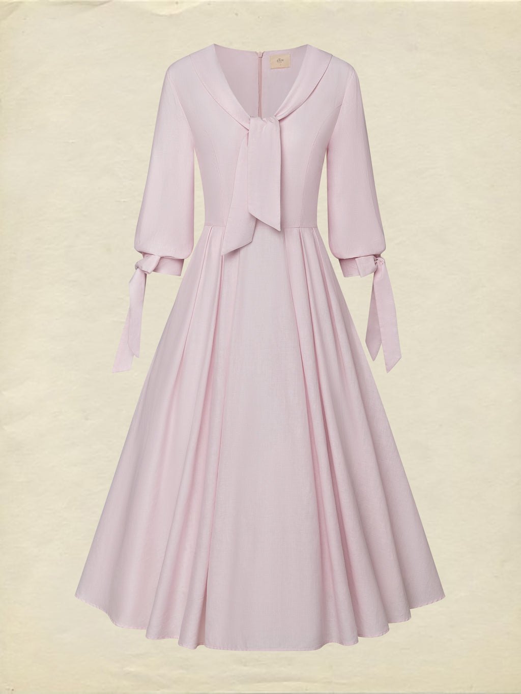 Midi Linen Dress, Half Sleeve, V Neck, Plain, Pocket Design, French Vintage, Light Pink