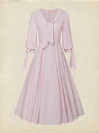 Midi Linen Dress, Half Sleeve, V Neck, Plain, Pocket Design, French Vintage, Light Pink