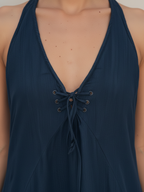 Navy Halter Neck Tiered Ruffle Midi Dress With Lace-Up Front