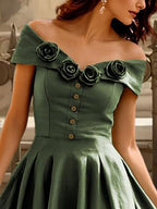 Linen Midi Dress, Short Sleeve, Plain, Vintage, Green