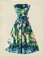 Midi Linen Dress, Sleeveless, Sweetheart Neckline, Floral, Vacation, Vintage, Blue