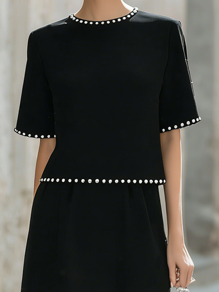 Elegant Pearl-Trimmed Two-Piece Midi Skirt Set