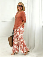 2Pcs Vacation Casual V-neck Long-sleeved Trousers Digital Printing Women's Suit