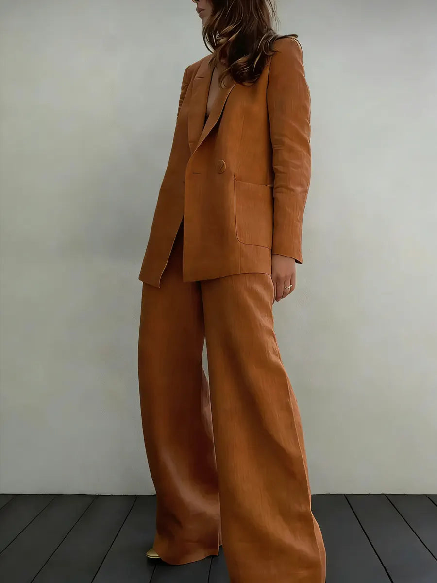 Women's Minimalist Cotton-linen Suit With Wide-leg Pants