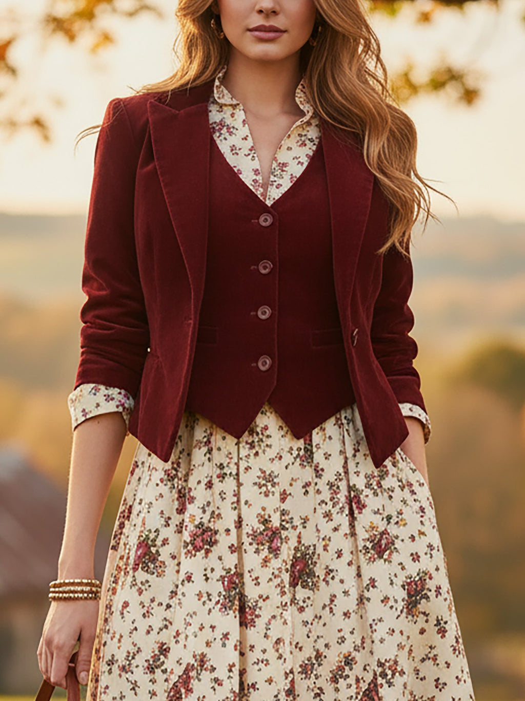 Cotton Blazer (Dress and Vest Not Included), Long Sleeves, Lapel Collar, Button Design, Vintage, Red