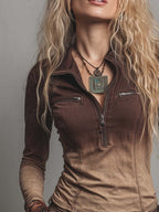 Retro Washed Half-zip Gradient Denim Blouse