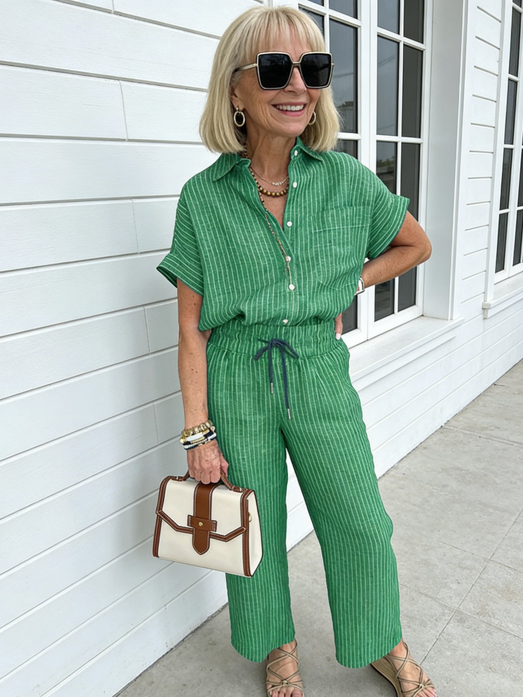 2Pcs Plus Size Cotton and Linen Striped Suit Lapel Short Sleeve Straight Trousers