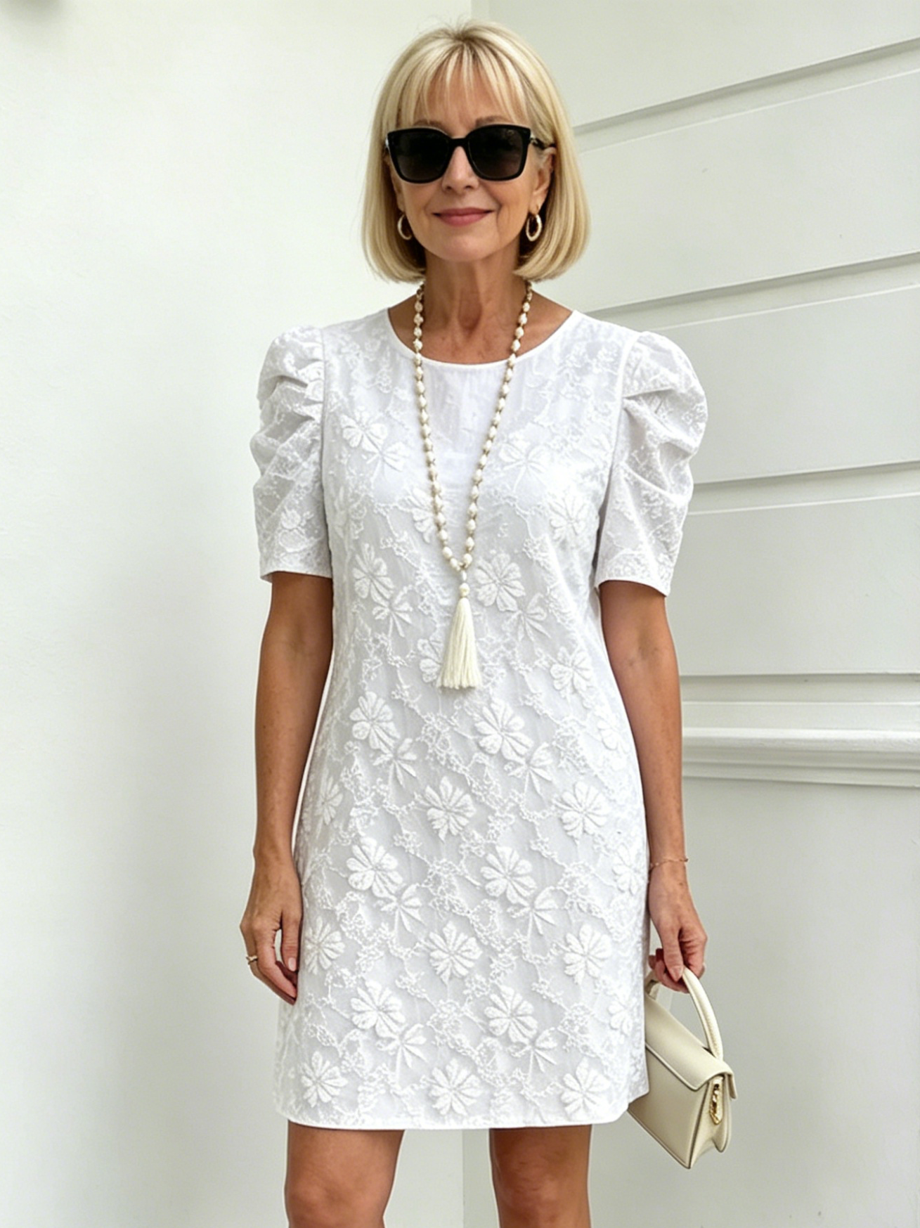Bubble Sleeve Textured Jacquard Crew Neck Vintage Style Dress