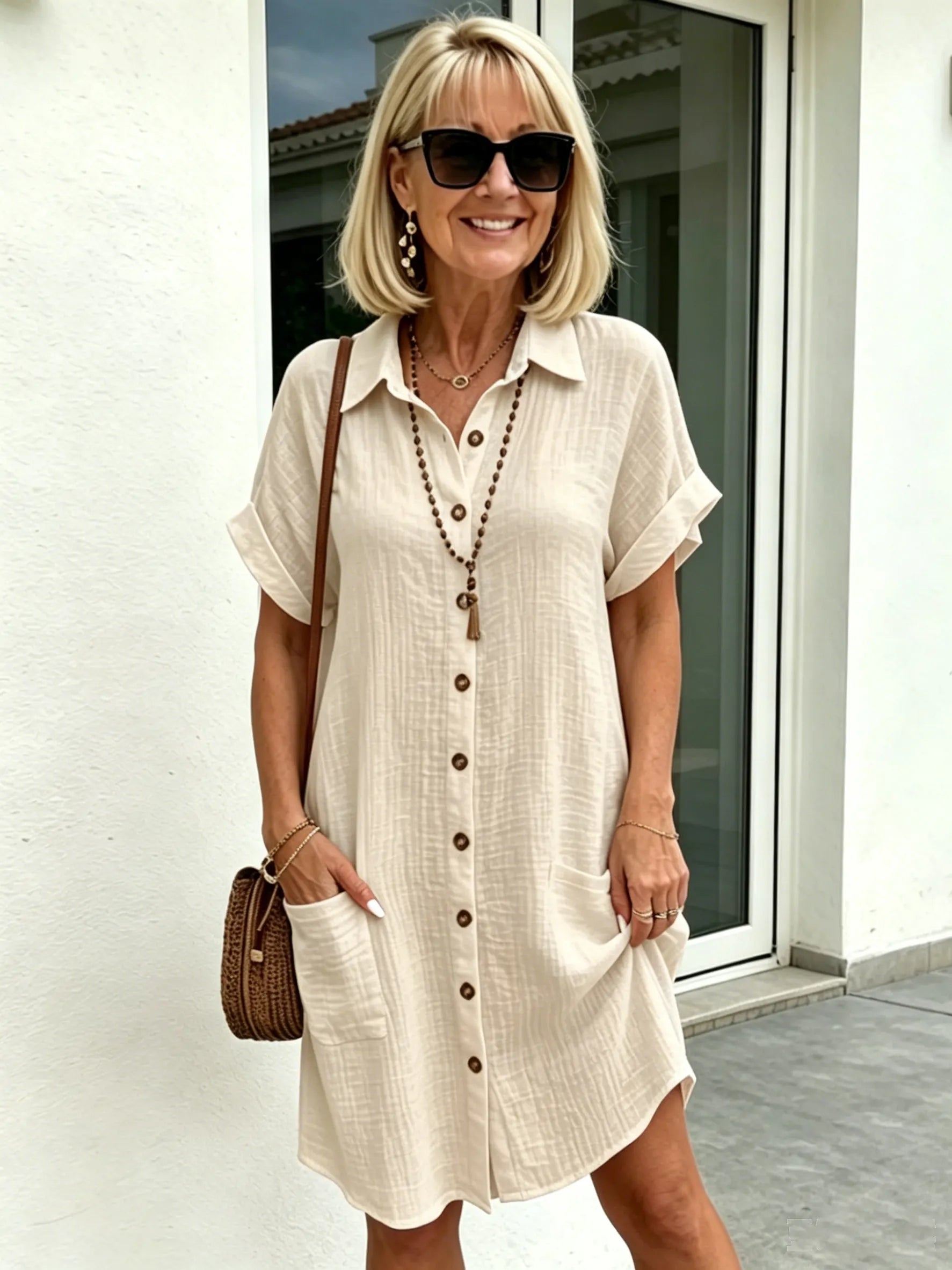 Solid Color Shirt Dress Simple, Made of Breathable, Featuring a Lapel Collar and Orderly Button Arrangement That Adds a Vintage Charm