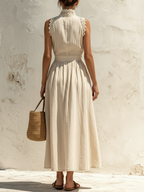 Beige Linen-Blend Lace Trim Sleeveless Button-Front Maxi Dress