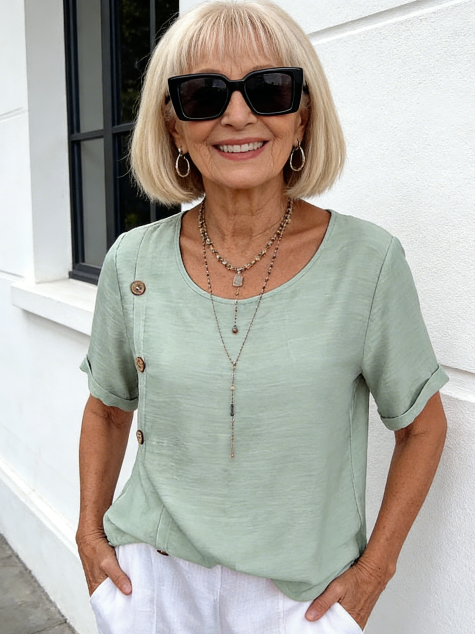 Vibrant Solid Color Chic Button Decor Blouse - Women's Vintage Half Sleeve Simple Blouse for Spring & Fall - Elegant Clothing for Ladies with Classic Style