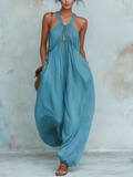 Blue Halter Neck Keyhole Wide Leg Jumpsuit