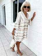 Lace Cuff Dress Deep V Cotton and Linen Breathable Dress