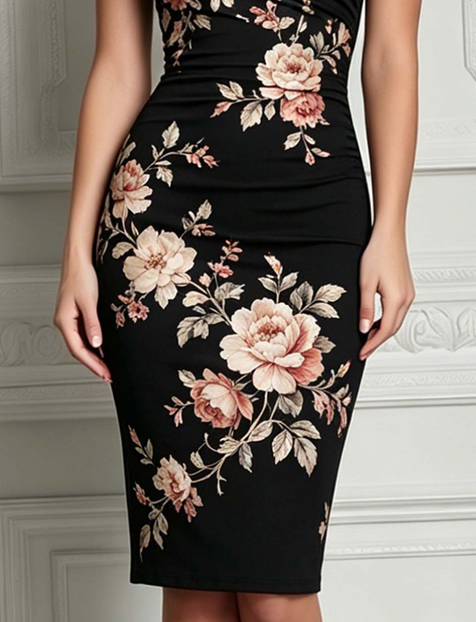 Black Floral Off-Shoulder Bodycon Midi Dress