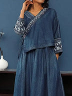 Women's Retro Ethnic Art Casual V-Neck Denim Top & Skirt Set