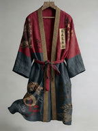 Japanese Calligraphy And Dragon Art Combined In A Linen Blend Kimono