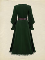Midi Cotton Dress, Long Sleeves, V Neck, Plain, Lace, Vintage, Green