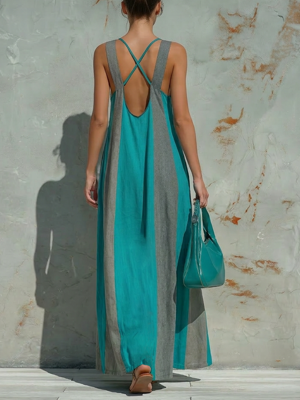 Teal & Gray Color Block Sleeveless Maxi Dress