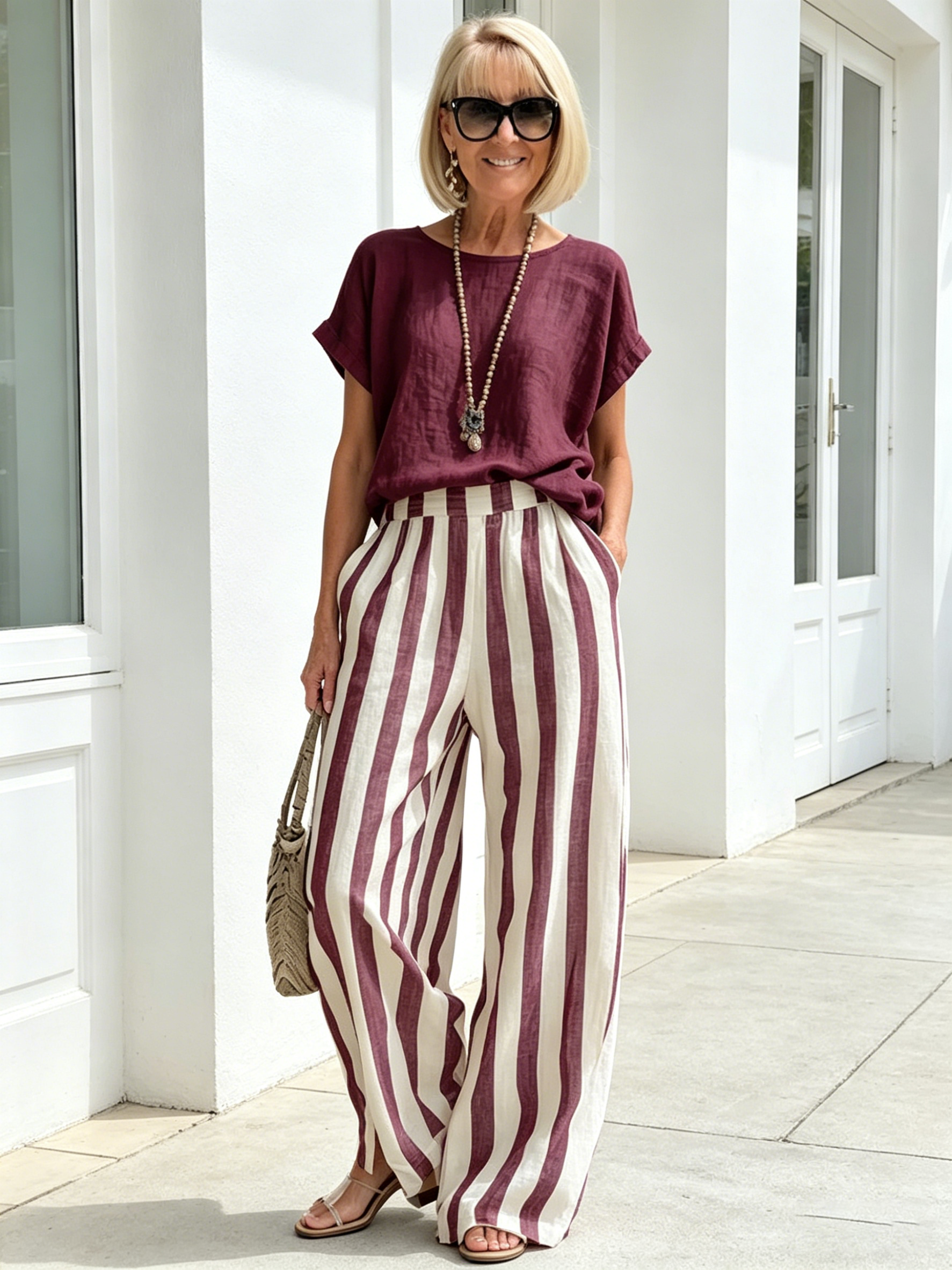 2Pcs Striped Cotton and Linen Two-piece Set