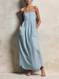 Light Blue Tencel Denim Spaghetti Strap Maxi Dress With Pockets