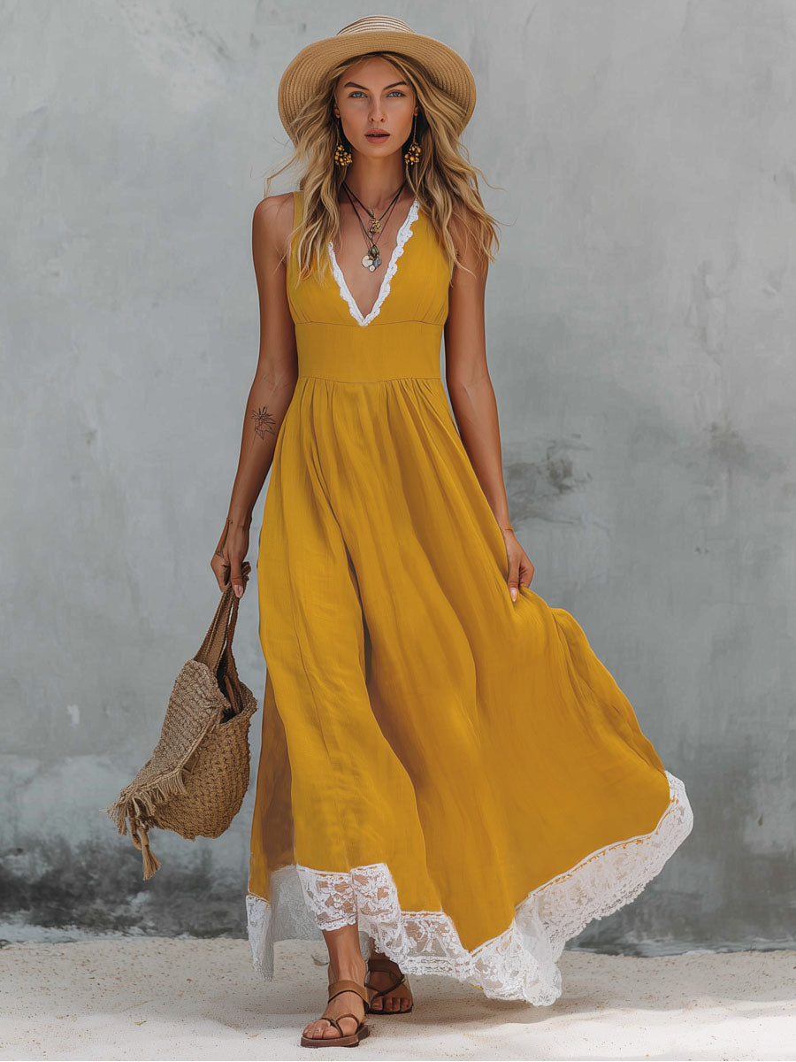 Color-blocked V-neck Lace-trimmed Cotton And Linen Sleeveless Maxi Dress
