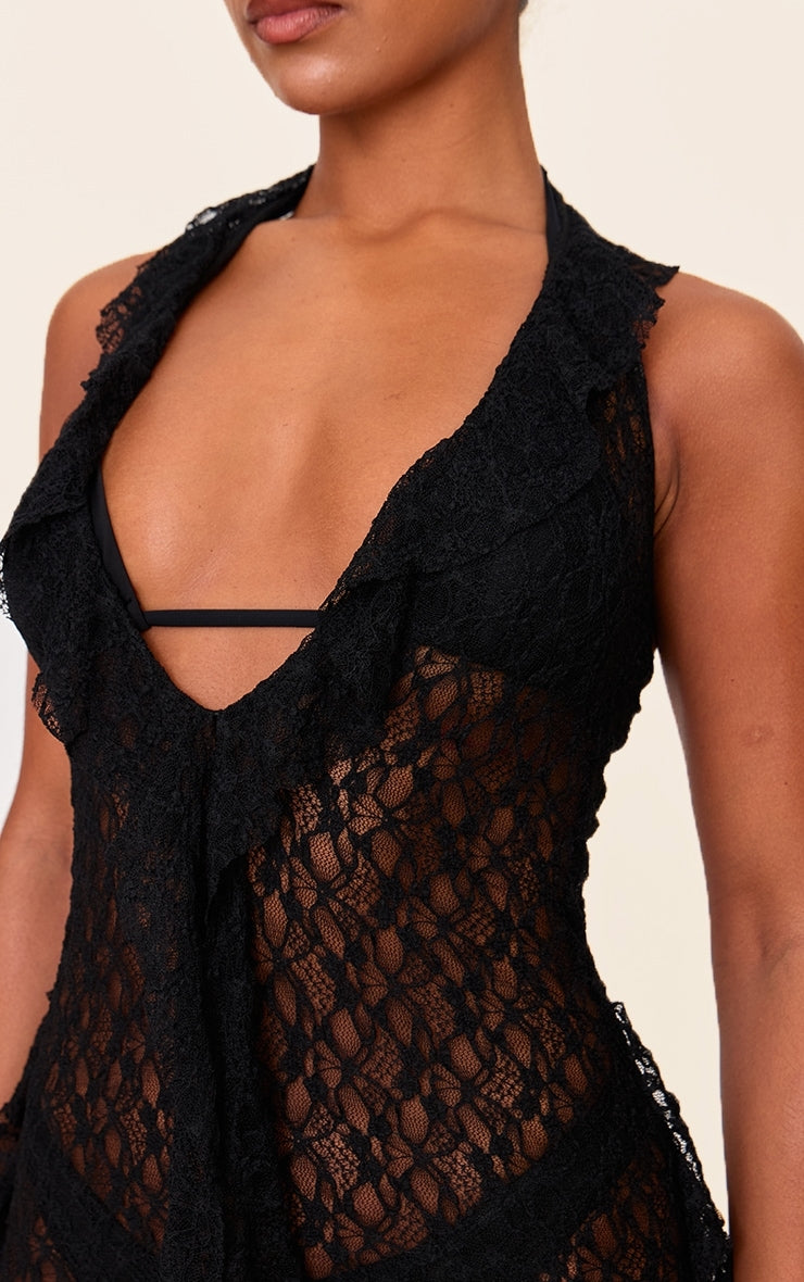 Black Frill Lace Detail Mini Beach Dress