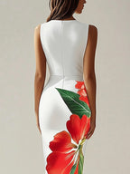 Elegant White Sleeveless Dress with Side Floral Print