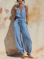 Sky Blue Linen Halter Jumpsuit With Smocked Waist