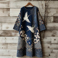 Women's Vintage Japanese Crane Art Linen Blend Round Neck Dress
