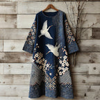 Women's Vintage Japanese Crane Art Linen Blend Round Neck Dress