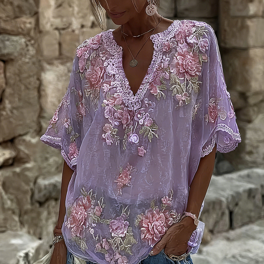 Women's Spring Floral Embroidered Art Print Flowy Linen Blend Casual Tops