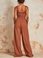 Smocked Waist Ruffle Hem Wide-Leg Jumpsuit