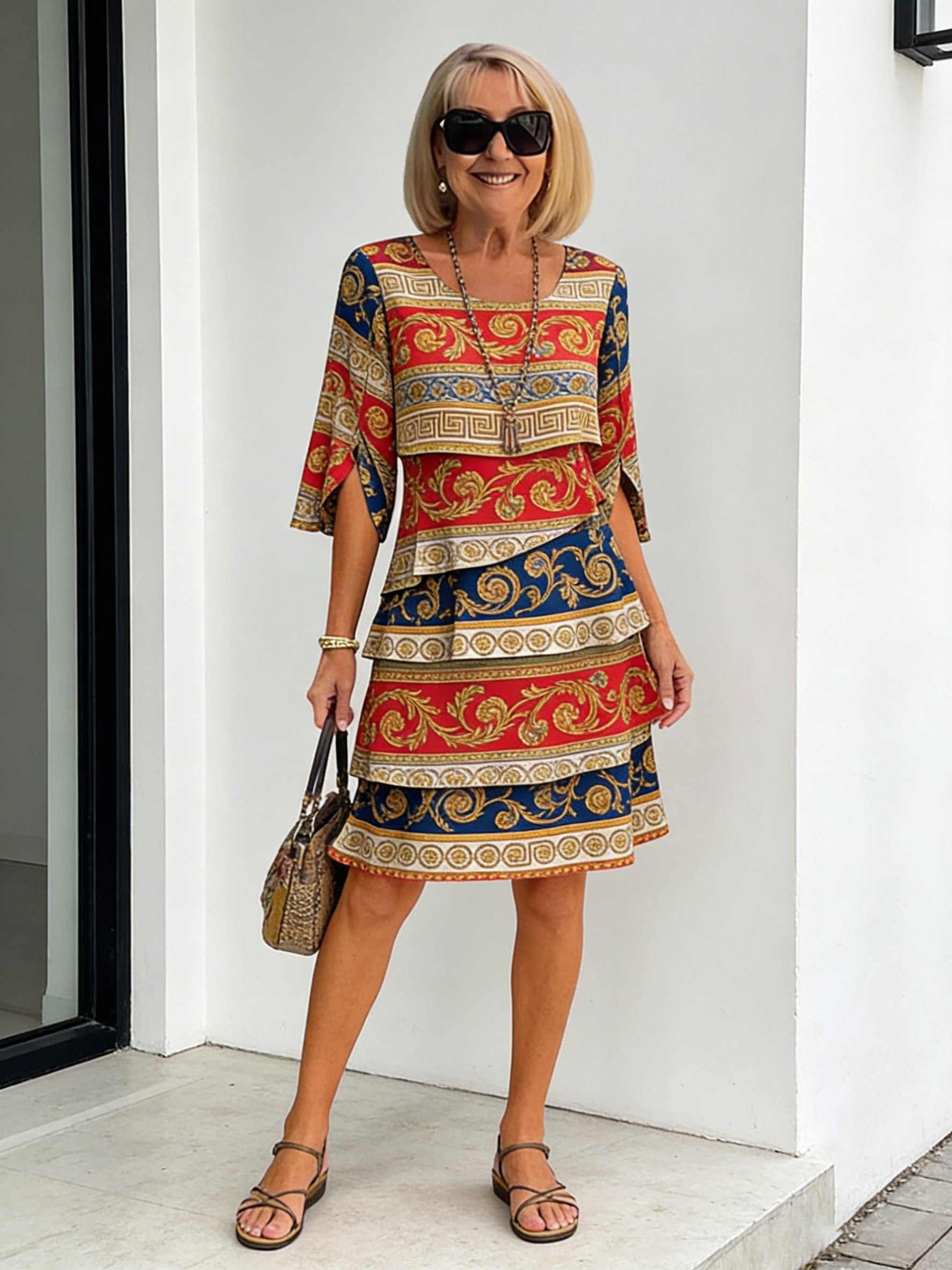 Chiffon Paisley Vacation Prints Color Round Neck Cake Skirt Splicing Dress Mid-length